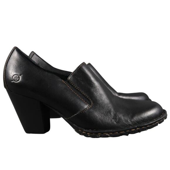 Born Shoes Womens 7 Pumps Leather Slip On Fashion Chunky Heel Career Black Boot - Picture 1 of 13